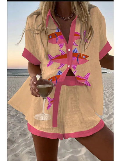 Casual Women Printed Blouse Shorts Two Pieces Sets Lapel Short Sleeve Button Shirt Suit Female New Summer Beach Holiday Outfits