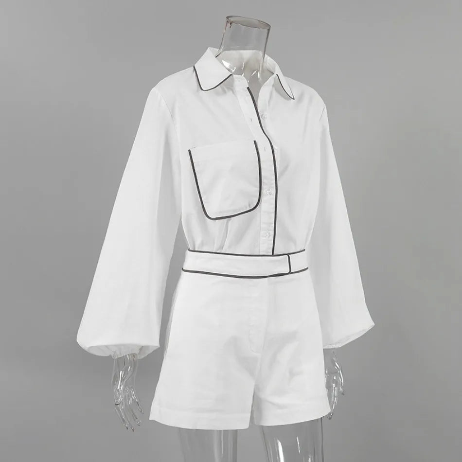 New in Summer Women's Elegant Set   Cotton Linen Long-Sleeved Black White Contrasting Color Design Shirt Shorts Two-Piece