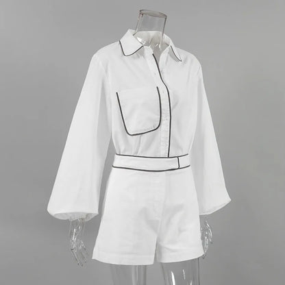 New in Summer Women's Elegant Set   Cotton Linen Long-Sleeved Black White Contrasting Color Design Shirt Shorts Two-Piece
