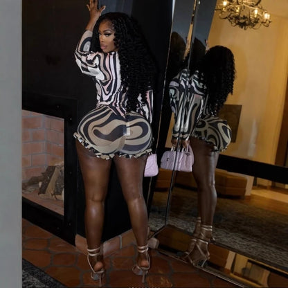 Sexy Stripe Print V-neck Long Sleeve Blouse Top and Sheer Mesh Shorts Two-piece Set Women Bodysuit Summer Sets Womens Outfits
