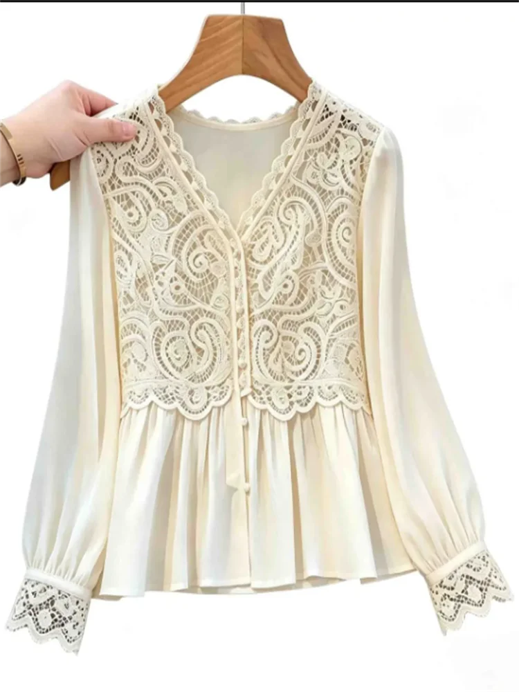 White Lace Blouse Patchwork Shirt Long Sleeved Top luxury Temperament Shirt Hollow Lacey Blous Vneck Ladies Blouses