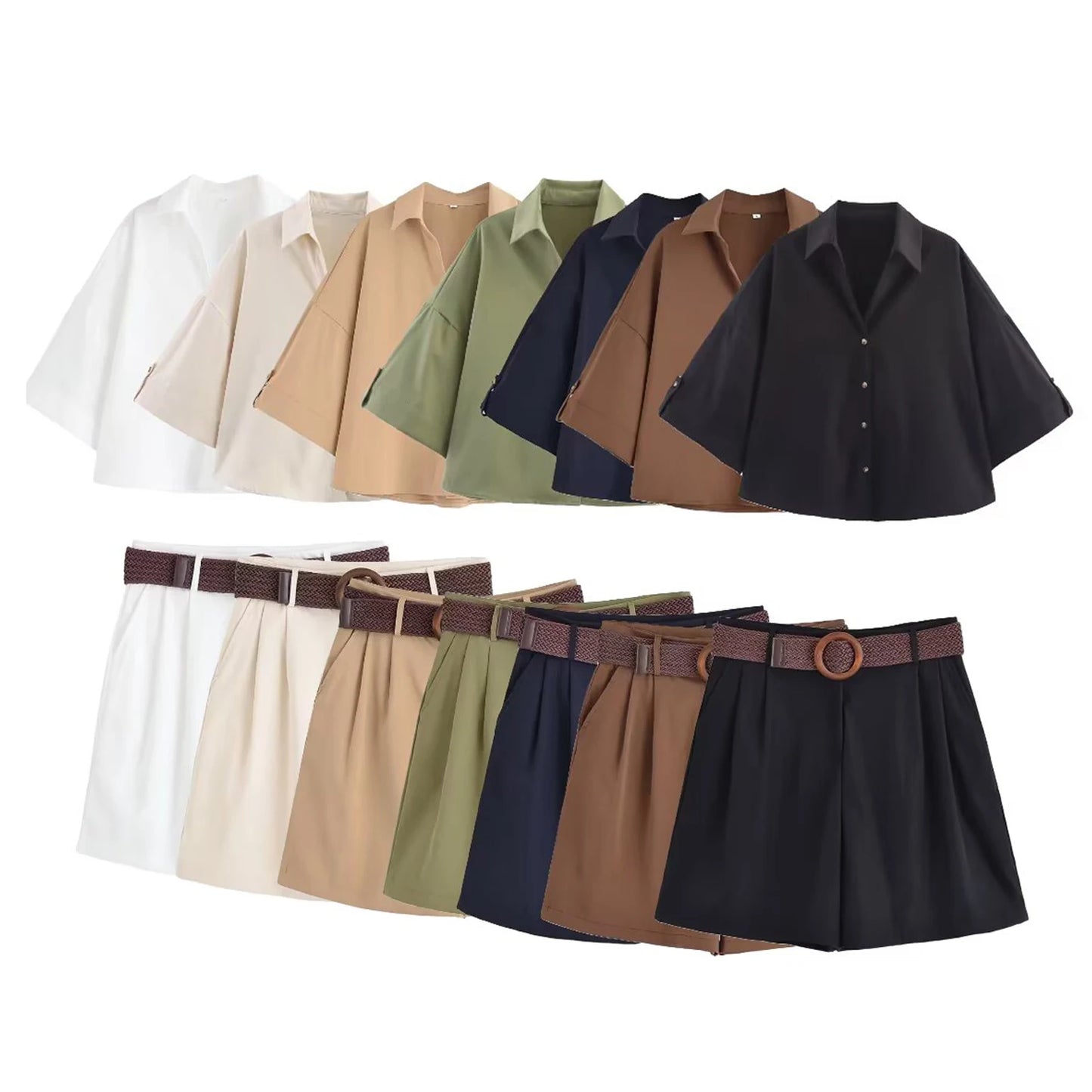 HH Women Elegant Turn-Down Collar Single-Breasted Shirts Top+Chic Mid Waist Belt Decoration Zipper Casual Shorts 2-Piece Set