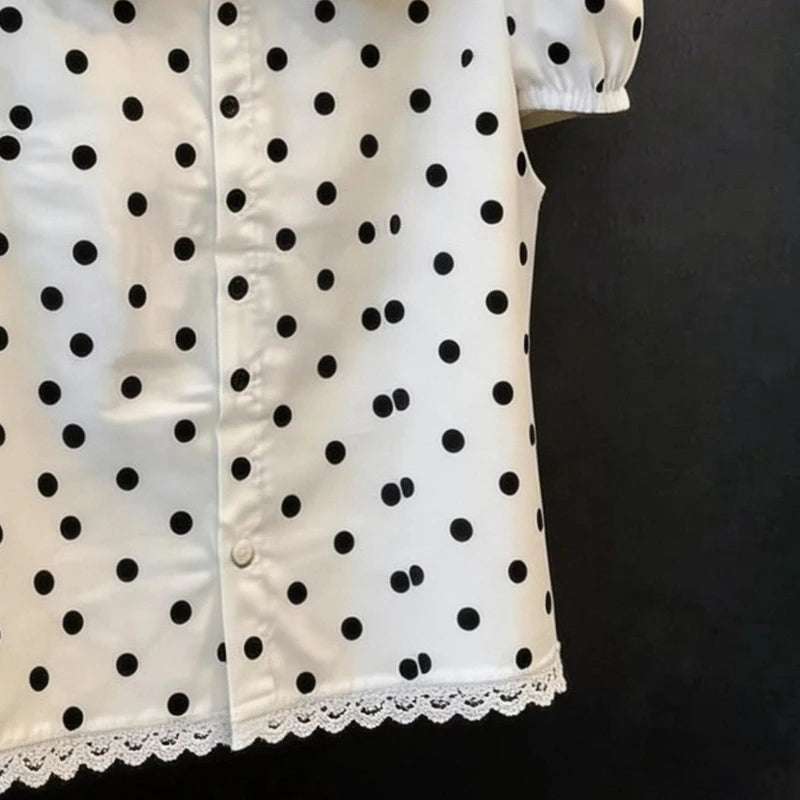Summer Women's Doll Collar Short-sleeved Blouse Dot Pattern Elegant Lace Trim Sweet Buttons Shirts Tees Korean-style Chic Shirt