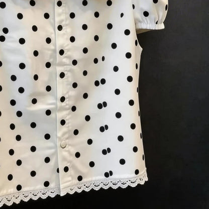Summer Women's Doll Collar Short-sleeved Blouse Dot Pattern Elegant Lace Trim Sweet Buttons Shirts Tees Korean-style Chic Shirt