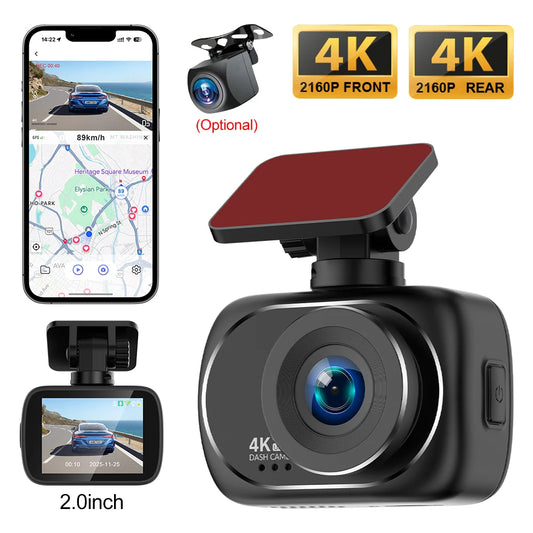 Dash Cam 4K UHD Recording Car Camera DVR Night Vision Video Recorder GPS Wi-Fi Support Dual Lens 4K Rear View Camera