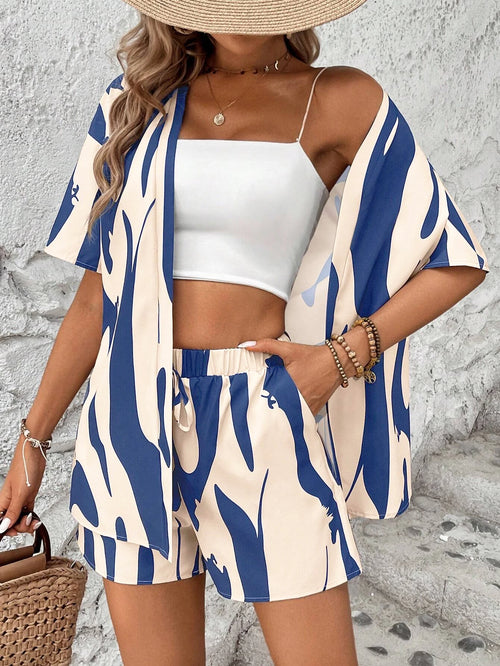 Elegant Summer Print Women's Set For Casual Vacation Style, Short-sleeved Shirt And High-waisted Shorts Two-piece Outfit