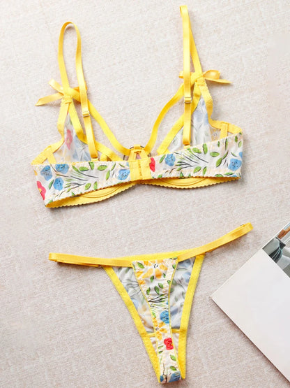 Women Bra and Briefs Sets Lace Flower Embroidery Sexy Perspective Underwire Erotic Lingerie Panty Two-Piece Underwear Set