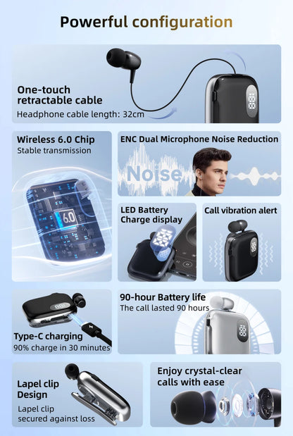 90H Playtime Bluetooth Headset V6 ENC Noise Canceling LED Power Display Retractable lapel clip Earphone for Meeting Driving K91