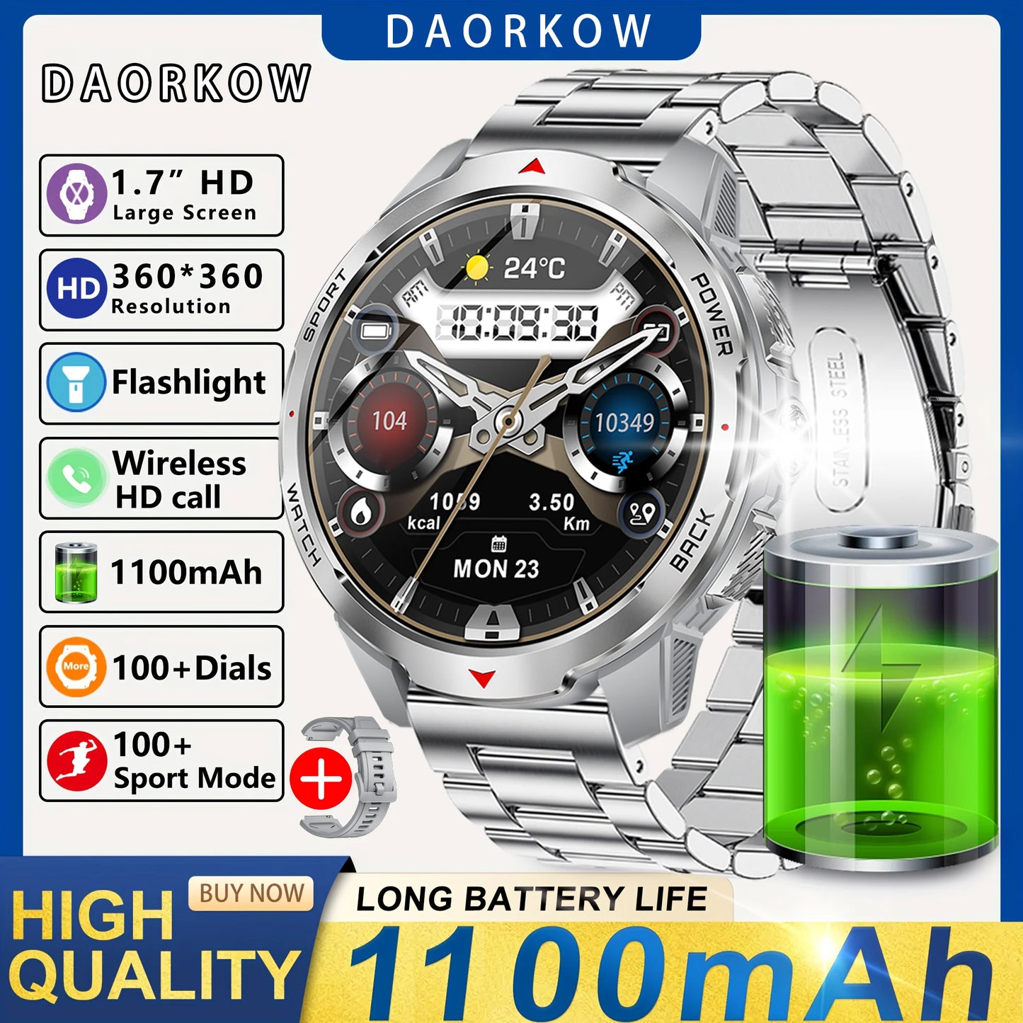 Smart Watch LED Flashlight Outdoor KT88 Compass Wireless call Men Multi-Sport