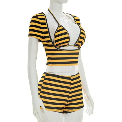 Women Striped Print 3 Piece Short Sets Summer Sexy Halter Lace-up Bra Short Sleeve Crop Top Shorts Matching Sets Beach Vacation