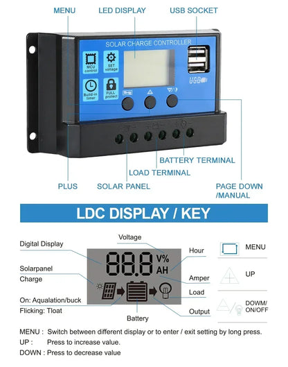 Solar Charge Controller 12V/24V PWM 10A- 100A with Adjustable LCD Display Timer Setting EESBAO