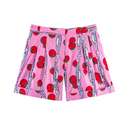 Willshela Women Fashion 2 Piece Set Printed Bow Lace Up Shirts & Vintage Front Zipper Mini Shorts Female Chic Lady Shorts Sets