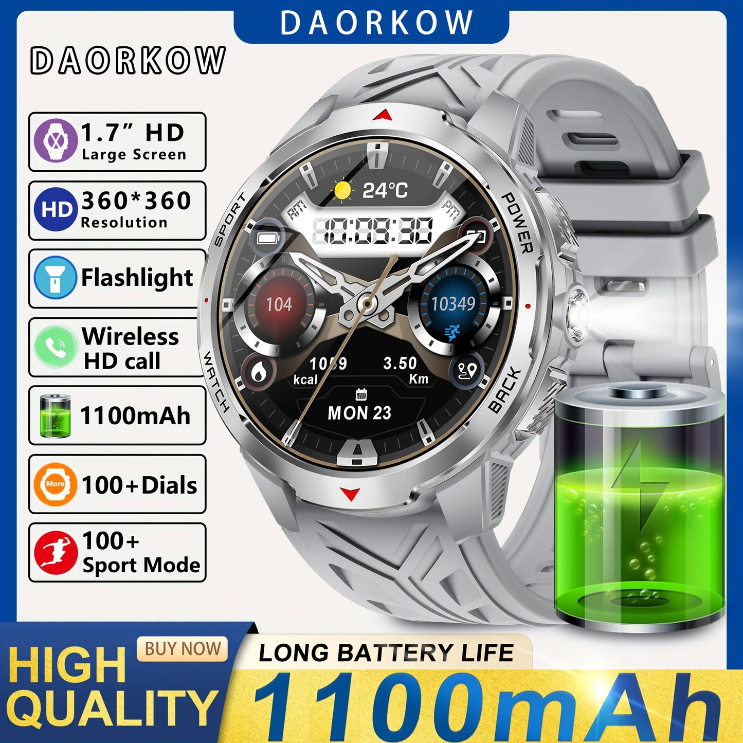 Smart Watch LED Flashlight Outdoor KT88 Compass Wireless call Men Multi-Sport