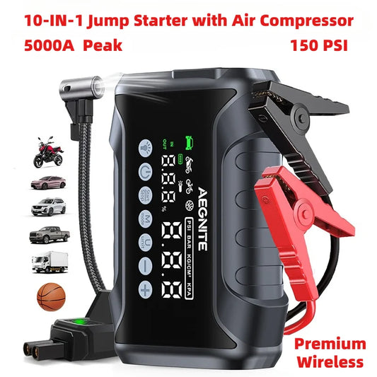 10-IN-1 Jump Starter with Air Compressor, 5000A Portable Car Battery Booster (9.0 Gas/6.5L Diesel) with 150PSI Auto-Shutoff Tire Inflator, 12V Supersafe Lithium Jump Box Car Battery Jumper Starter