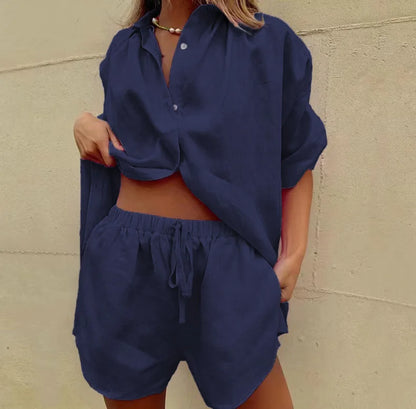 2024 Summer New Women's 2-piece set Solid Single breasted Short sleeve Shirt Two piece Set Wide Leg Lace-up Shorts For Women