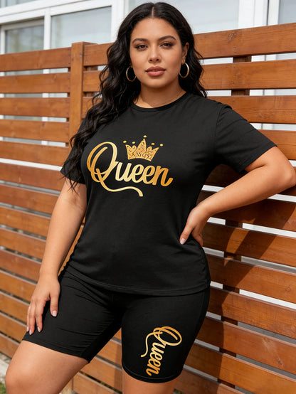 Women's Fashionable Casual Plus-Size Queen Print Two-Piece Set, Round-Neck Short-Sleeved Top and Shorts Clothing, Women's Plus-S