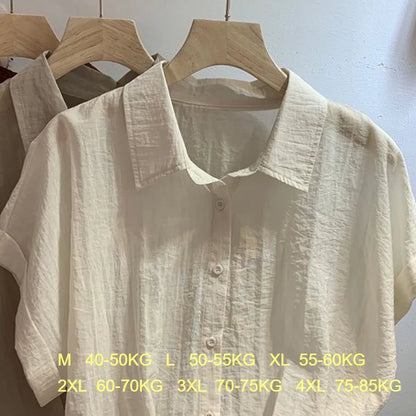 Summer Minimalist Shirt Women Solid Button Turn-down Collar Batwing Sleeve Thin Chiffon Short Sleeves Hem Fold Shirts Blouses