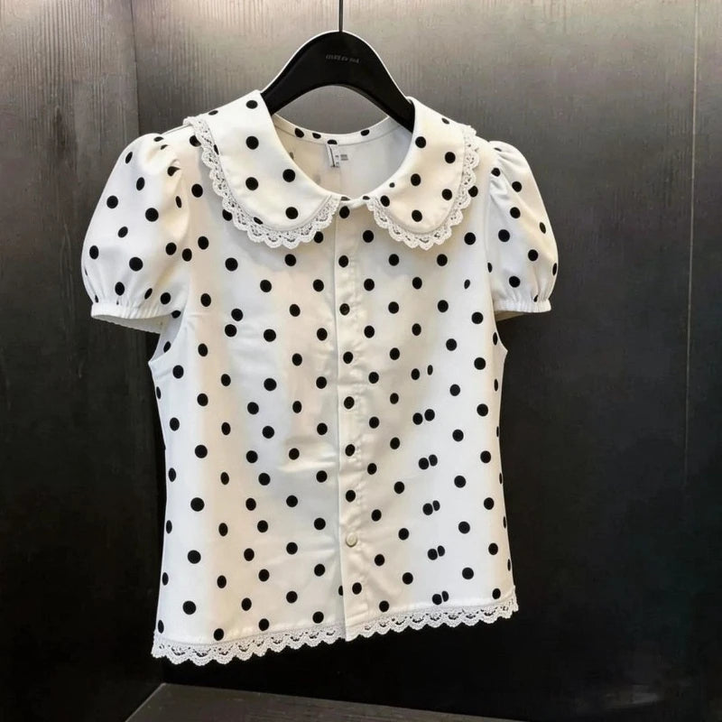 Summer Women's Doll Collar Short-sleeved Blouse Dot Pattern Elegant Lace Trim Sweet Buttons Shirts Tees Korean-style Chic Shirt