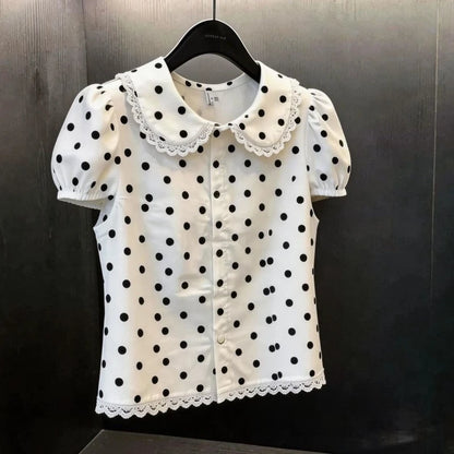 Summer Women's Doll Collar Short-sleeved Blouse Dot Pattern Elegant Lace Trim Sweet Buttons Shirts Tees Korean-style Chic Shirt