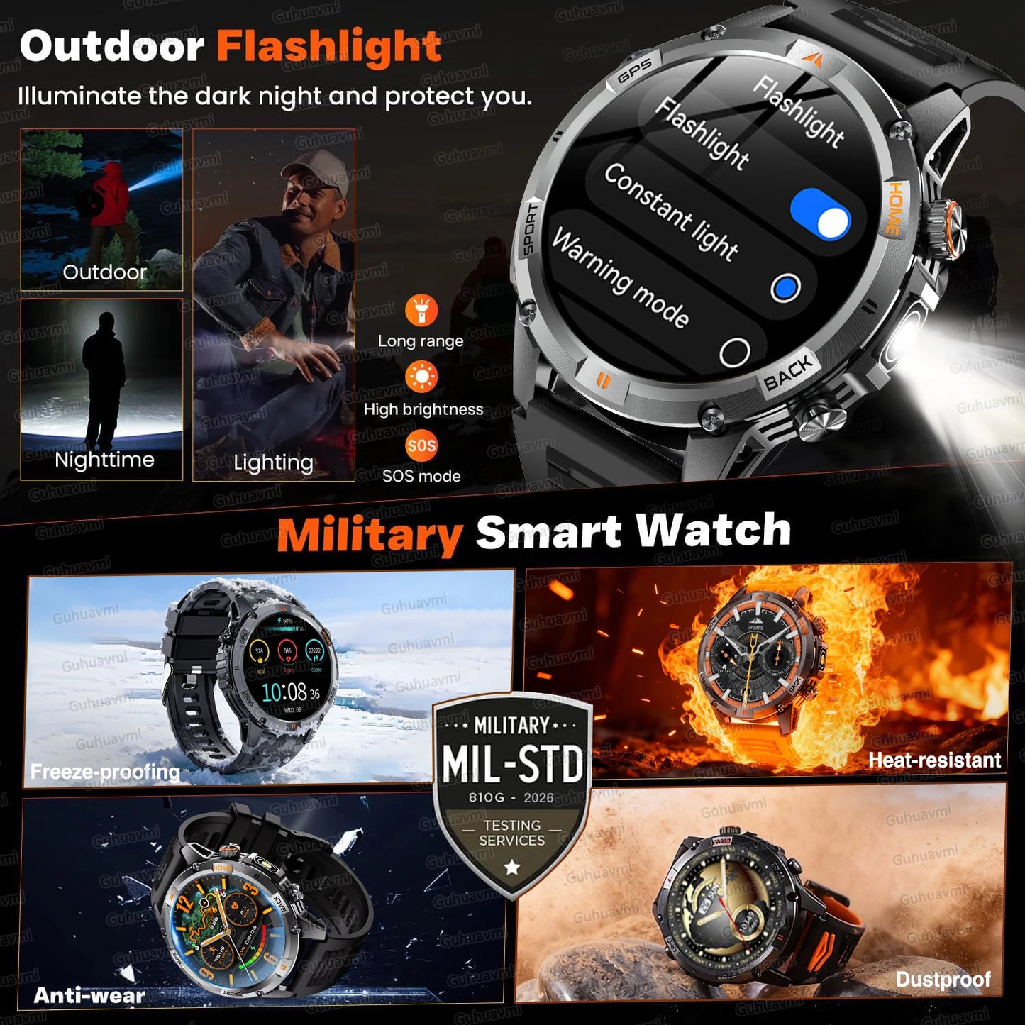 New Military GPS Smart Watch GPS LED Waterproof Heart Rate Sport BT Call HD AMOLED Smartwatch