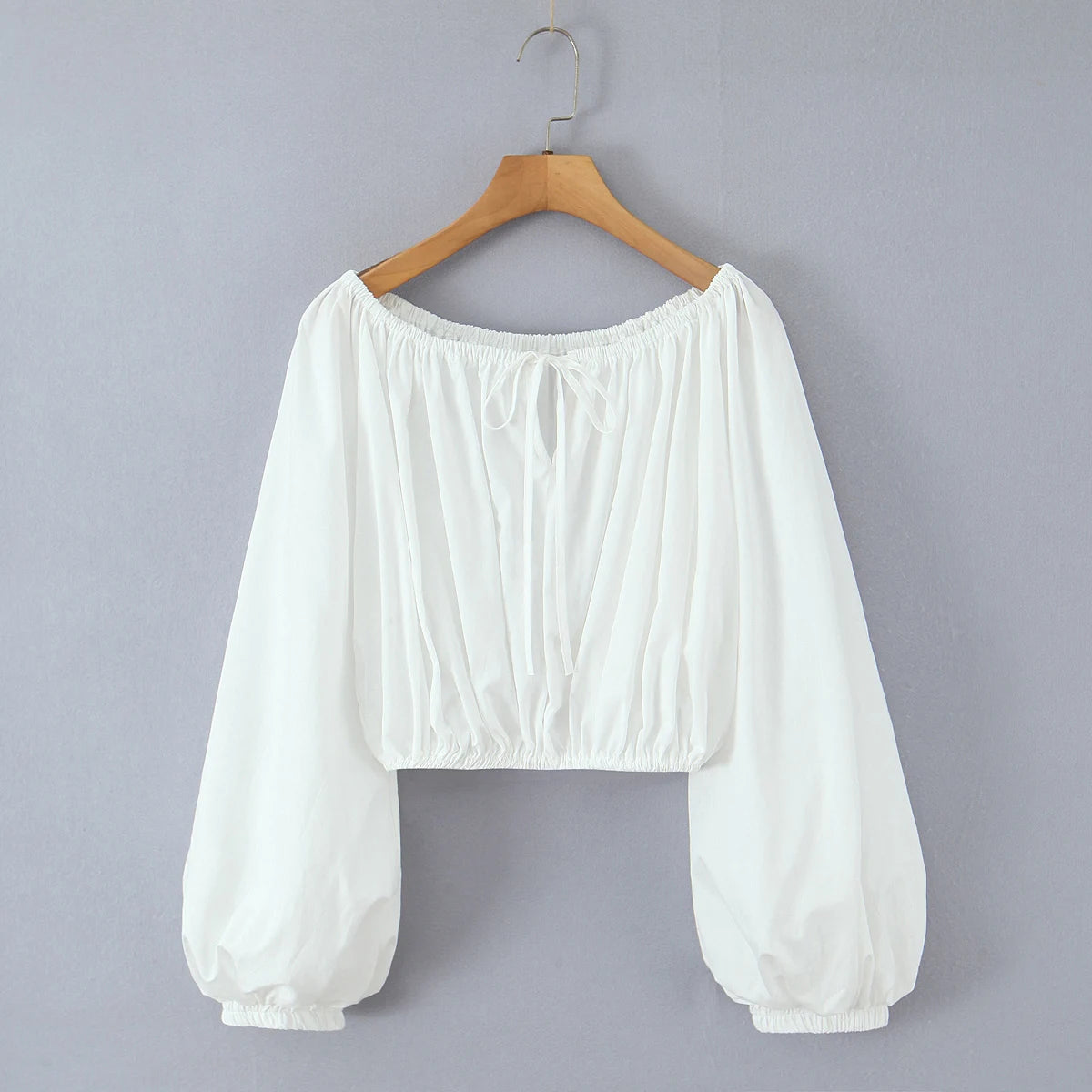 2 pieces 1 set Spring Summer White Elastic Slash Shoulder Lantern Sleeve Shirt + Wood ears Elastic Waist BUD Mini Shorts Suits
