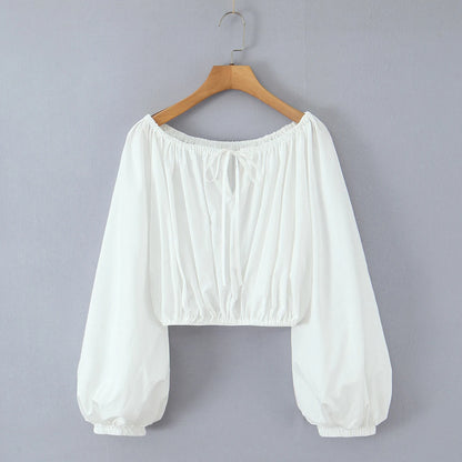 2 pieces 1 set Spring Summer White Elastic Slash Shoulder Lantern Sleeve Shirt + Wood ears Elastic Waist BUD Mini Shorts Suits