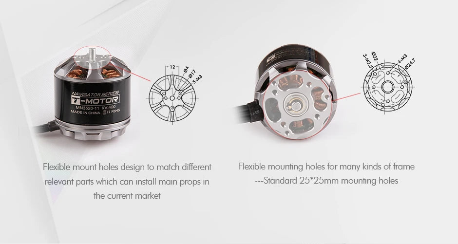 T-MOTOR MN3520 KV400 Brushless Motor 4-8S LiPo 1140W Max Power 38A Max Current High Quality for RC Drone Multicopter UAV