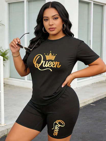 Women's Fashionable Casual Plus-Size Queen Print Two-Piece Set, Round-Neck Short-Sleeved Top and Shorts Clothing, Women's Plus-S
