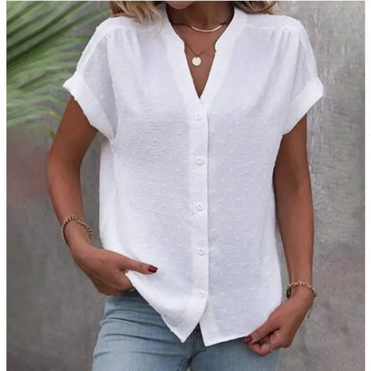 casual short sleeve shirts for women 2025 summer fashion loose white v-neck button blouses and tops female blouse elegant