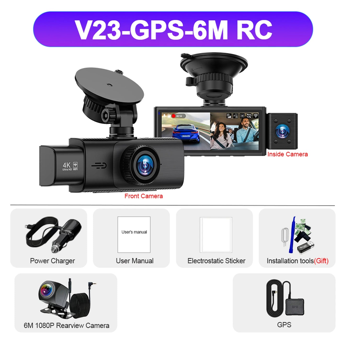 3 Channel WiFi 4K Dash Cam Front and Inside DashCam 1080P Rear Camera Night Vision 24H Parking Car DVR Black Box Support GPS
