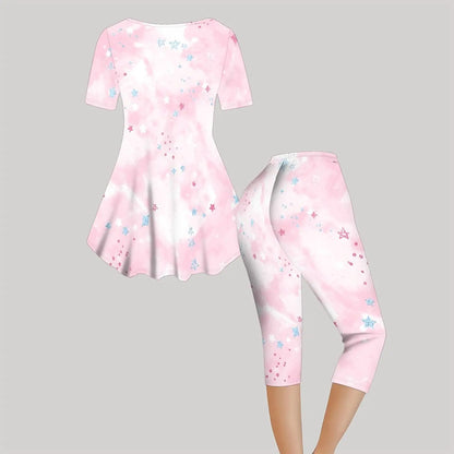 Sexy Two-piece Set  Elegance Knee-length PantsWomen's Vintage T-shirt  Elegant Short-sleeved Round-neck Printed Tops