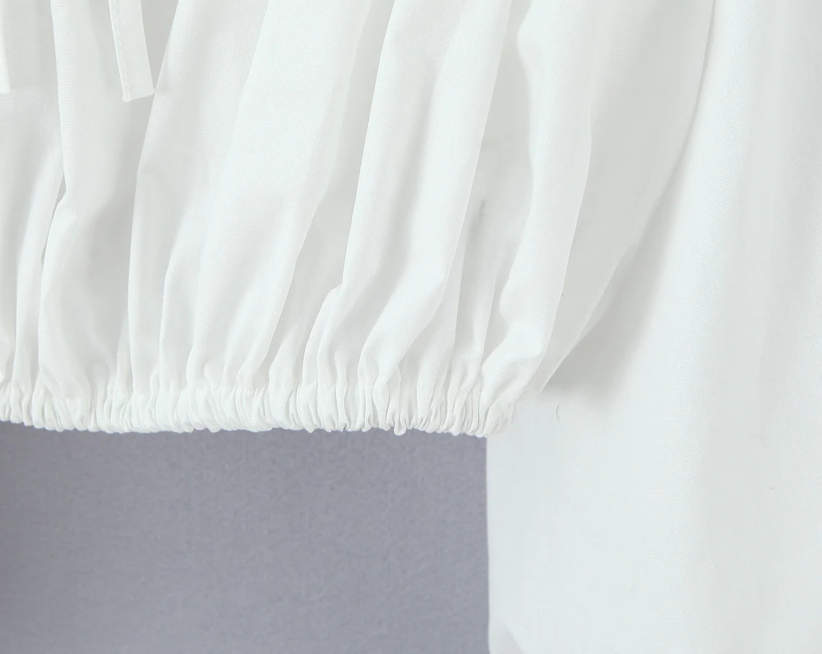 2 pieces 1 set Spring Summer White Elastic Slash Shoulder Lantern Sleeve Shirt + Wood ears Elastic Waist BUD Mini Shorts Suits