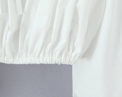 2 pieces 1 set Spring Summer White Elastic Slash Shoulder Lantern Sleeve Shirt + Wood ears Elastic Waist BUD Mini Shorts Suits