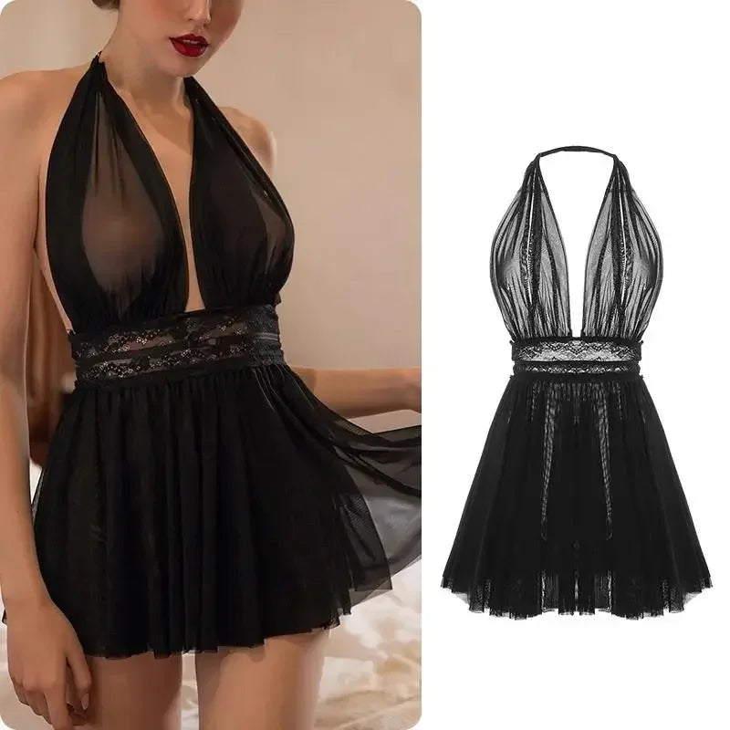 Sexy Backless Transparent Tulle Nightdress Halter Neck Mesh Underwear Nighty For Ladies Sleepwear Fairy Women Lingerie Nightwear