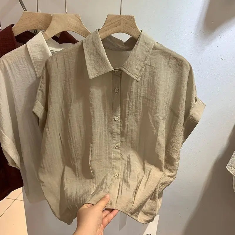 Summer Minimalist Shirt Women Solid Button Turn-down Collar Batwing Sleeve Thin Chiffon Short Sleeves Hem Fold Shirts Blouses