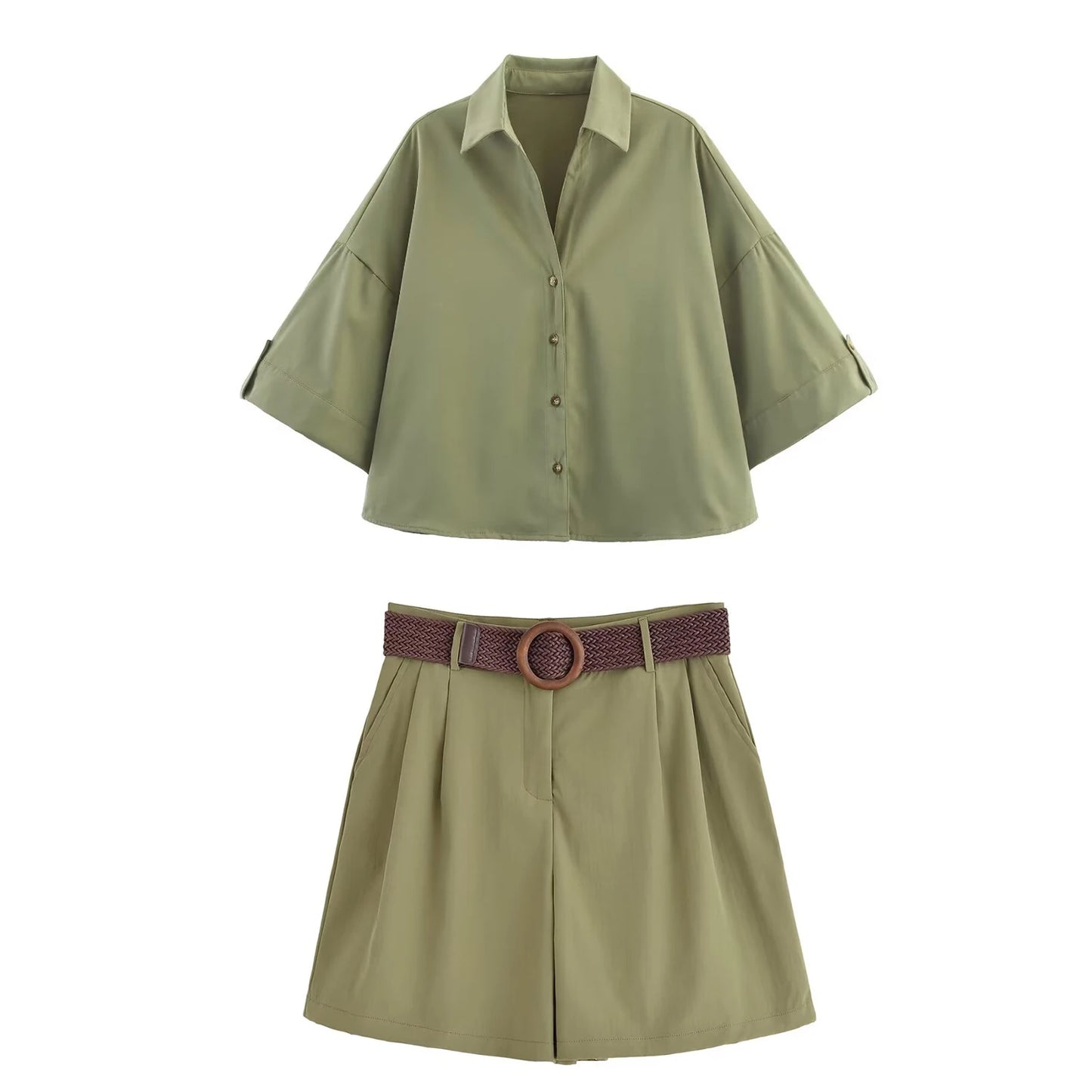HH Women Elegant Turn-Down Collar Single-Breasted Shirts Top+Chic Mid Waist Belt Decoration Zipper Casual Shorts 2-Piece Set