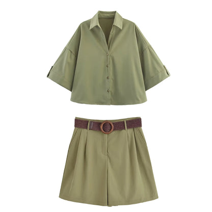 HH Women Elegant Turn-Down Collar Single-Breasted Shirts Top+Chic Mid Waist Belt Decoration Zipper Casual Shorts 2-Piece Set