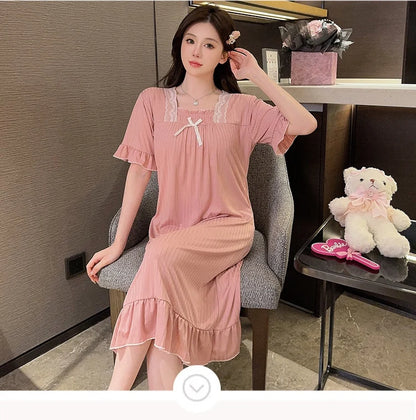Hot Summer Plus Size Sexy Lace V-neck Short Sleeve Cotton Nightgowns for Women Cute Sleepwear Night Dress Nightdress Home Nighty
