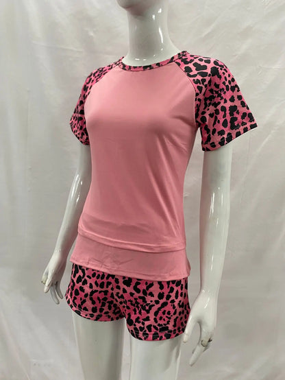 2026 summer new American retro leopard print patchwork short sleeved shorts set Y2K punk street fashion trend casual spicy girl