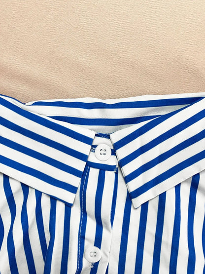 HLJ Spring Summer Ladies Shorts Outfits Stripes Crop Shirt Top + Shorts Two Piece Set Casual Matching Women 2 Piece Clothing Set