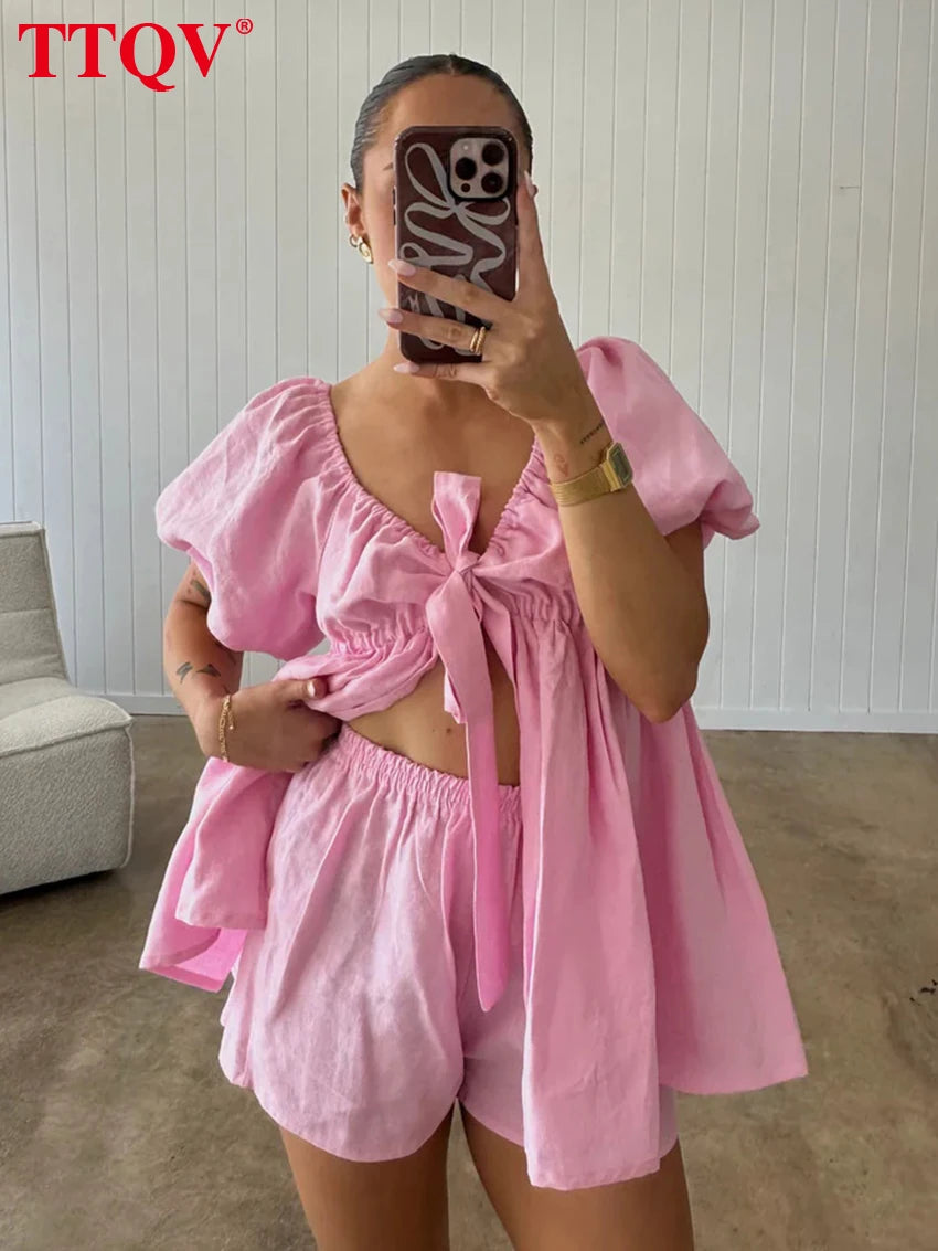 TTQV Sexy Loose White Cotton Two Piece Outfits Woman 2026 Fashion Short Sleeve Shirt With High Waist Shorts Set Female Clothing