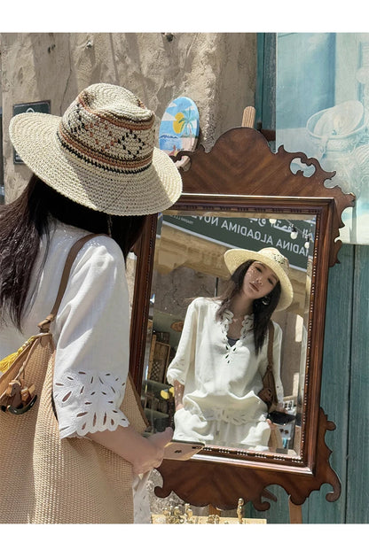 French Elegant White Linen Eyelet Lace Blouse Shorts Set Women V Neck Embroidered Hollow Out Tops And Elastic Waist Short Pants