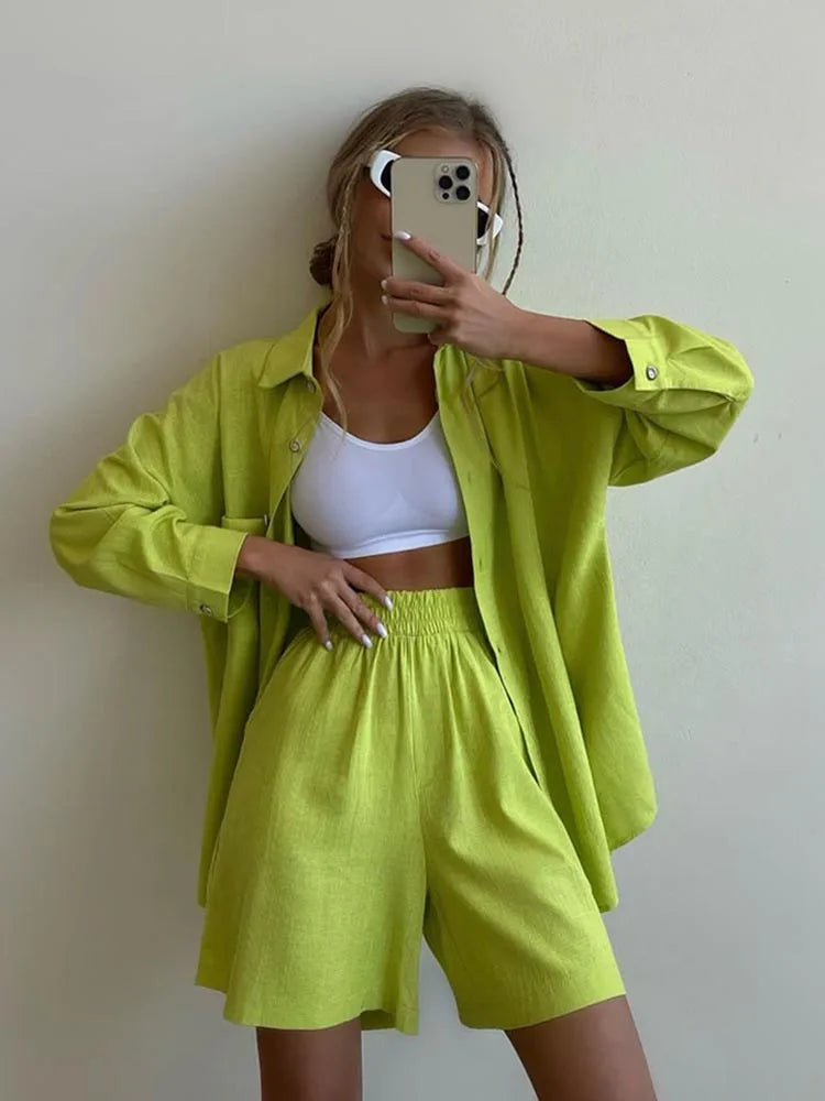 Summer Women's Suit Shirt and Short Sets Solid Color Casual Cotton and Linen Blouse and Shorts Two Piece Sets Women Outfit 2026