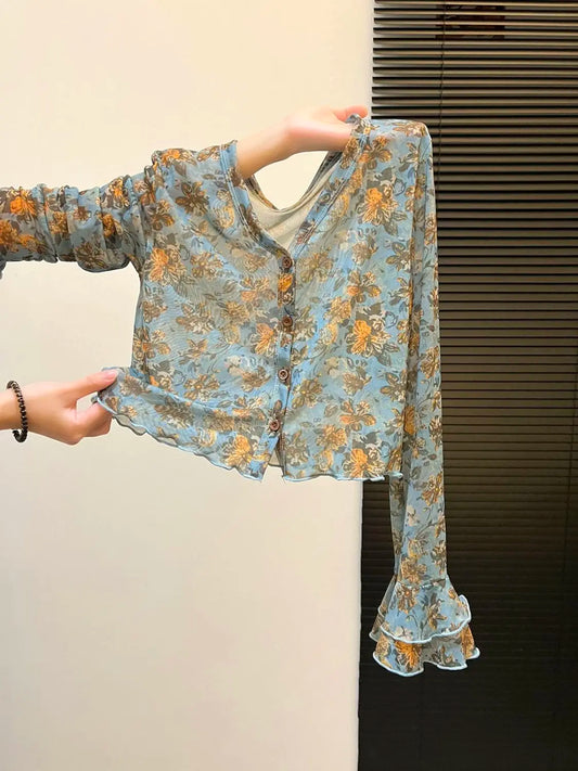 Floral Blouse For Women V-neck Flare Sleeve Slim Fit Gauze Shirts 2026 Blusas Mujer De Moda Vintage Summer Sweet Blouses Tops