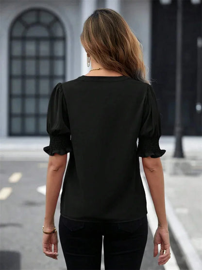 Women Summer Style Blouses Shirts Lady Casual Short Puff Sleeve V-Neck Solid Color Blouse Tops