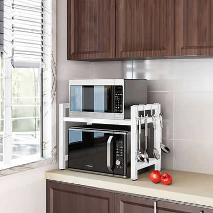 Expandable Microwave Shelf, Microwave Holder with 6 Hooks, Kitchen Storage Rack, Microwave Baking Rack, Extendable 40-64cm