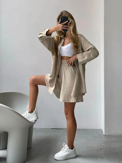 Summer Women's Suit Shirt and Short Sets Solid Color Casual Cotton and Linen Blouse and Shorts Two Piece Sets Women Outfit 2026