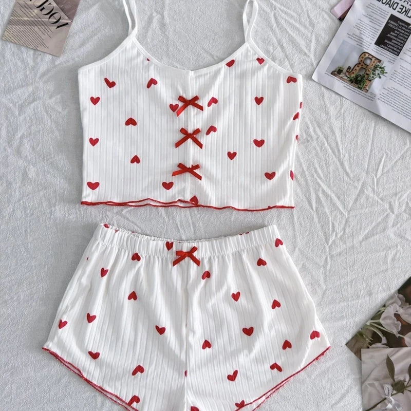 Women's Pajama Set Heart Print Soft Ribbed Fabric Sleepwear with Flirty Frill Trim Casual Cami Top and Shorts Sets Loungewear