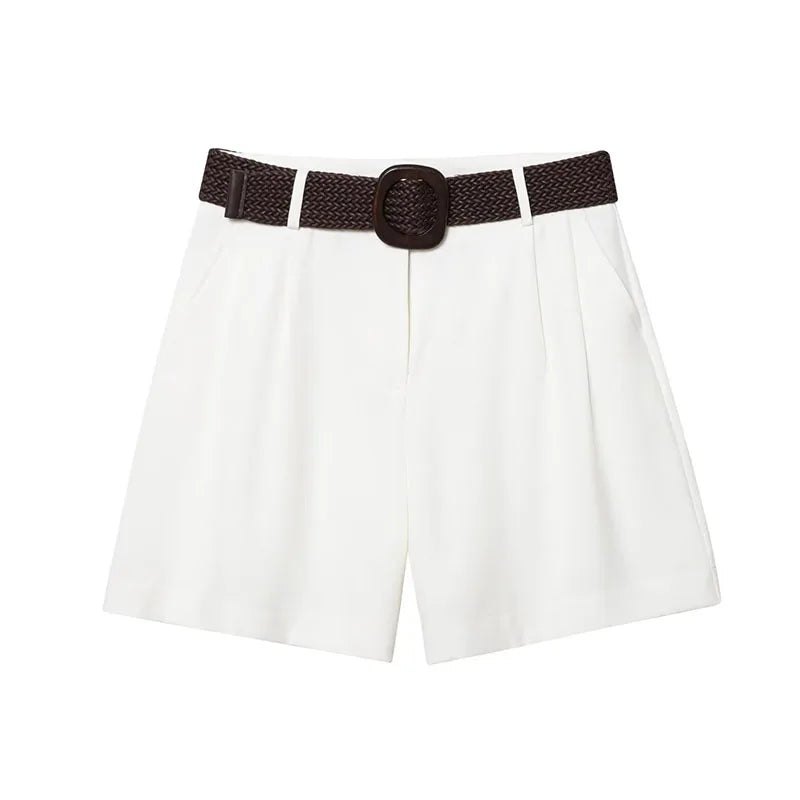 HH Women Elegant Turn-Down Collar Single-Breasted Shirts Top+Chic Mid Waist Belt Decoration Zipper Casual Shorts 2-Piece Set