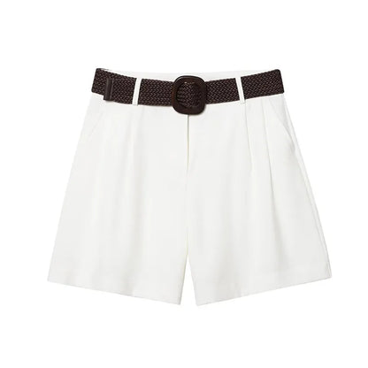HH Women Elegant Turn-Down Collar Single-Breasted Shirts Top+Chic Mid Waist Belt Decoration Zipper Casual Shorts 2-Piece Set